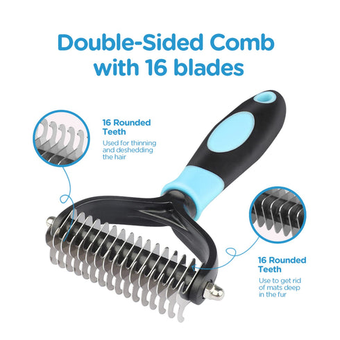 Dog Brush for Shedding - 2 Sided Deshedding Comb for Short & Long Haired Dogs, Cats & Pets - Blue