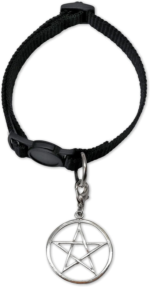Black Cat Collar with Wiccan Pagan Pentacle, Silver Finish on Safety Breakaway Collar, Adjustable Neck Size