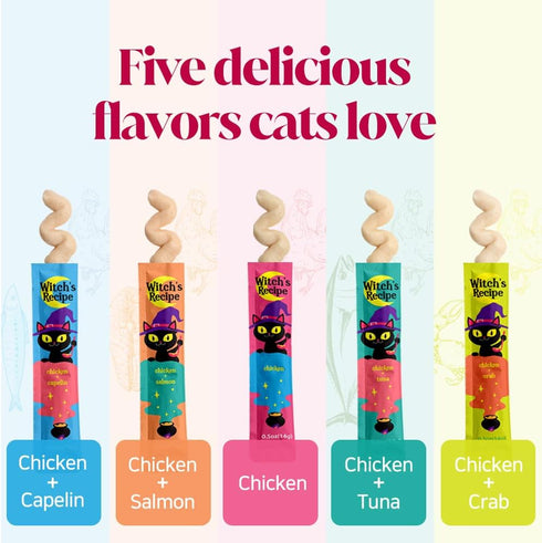 Witch's Recipe 100 0.5oz Lickable Cat Treats, Creamy Squeezable Puree, Grain-Free, Tubes, Chicken Tuna Salmon goatmilk