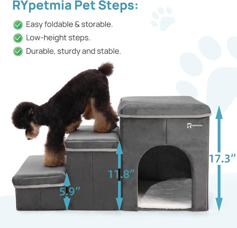 Foldable Pet Stairs for Beds & Sofas - Non-Slip Dog Steps with Storage for Small to Medium Dogs & Cats, 120 lbs Support