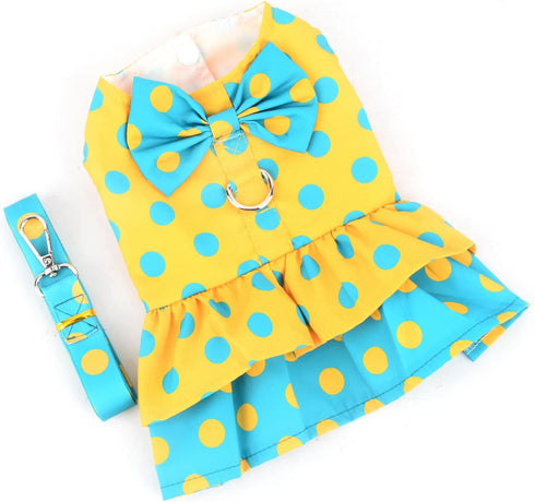 Dog Harness Dress for Small Medium Dogs, Polka Dots Tutu Skirt with Leash, Spring Summer Yellow M Apparel