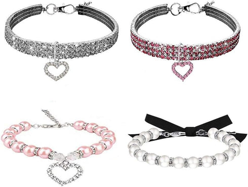 Rhinestones Dog Collar and Pearl Necklace Set, Adjustable Bling Full Diamond Crystal Collar for Small Girls, Cats,