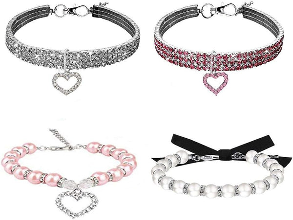 Rhinestones Dog Collar and Pearl Necklace Set, Adjustable Bling Full Diamond Crystal Collar for Small Girls, Cats,