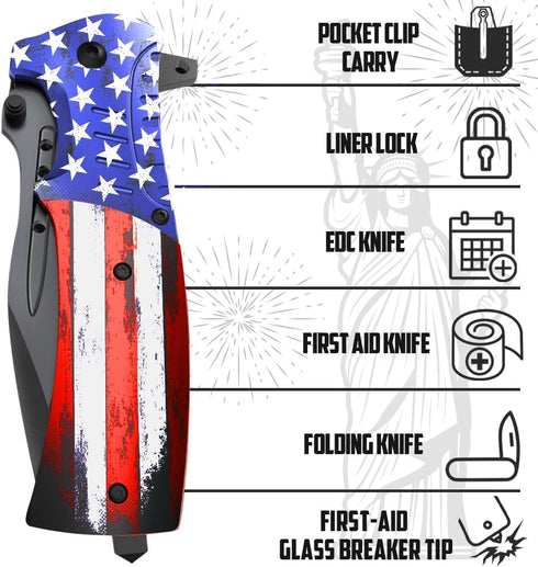Grand Way Spring Assisted Pocket Knife, American Flag Tactical Knife for Men and Boys, Folding Knife