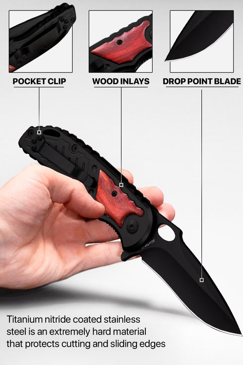 Pocket Knife - Tactical Spring Assisted Folding Knife, EDC Camping Gear for Men, Wood Handle, Sharp Blade - Father's