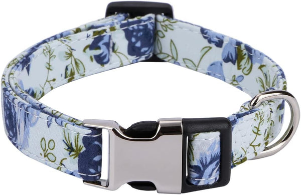 Girl Dog Collar, Cotton Pet Collar with Flowers Daisy and Rose Patterns, Adjustable Quick-Release Buckle for Small
