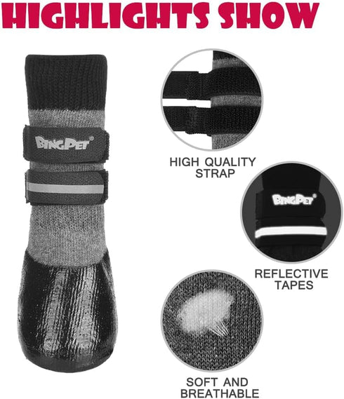 BINGPET Anti-Slip Dog Socks, Waterproof Paw Protectors with Reflective Straps, 4pcs Dog Boots for Indoor & Outdoor Wear