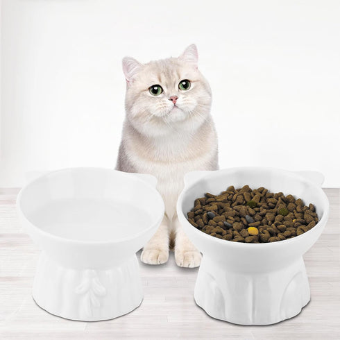Ceramic Elevated Cat Bowls, 2Pc Extra Wide Raised Bowls for Food and Water, Shallow Whisker Friendly Dish (White)