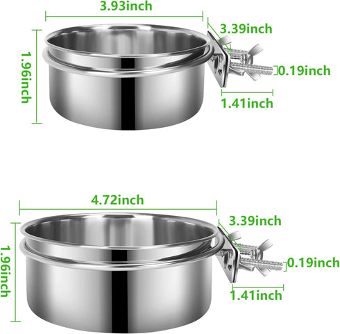 Dog Food Water Bowl for Cage with Clamp Holder, Stainless Steel Pet Kennel Hanging Bowls Non-Spill Detectable Bowls Crate Feeder for Small Medium Large Dogs (Silver, XS (20 & 13 OZ))