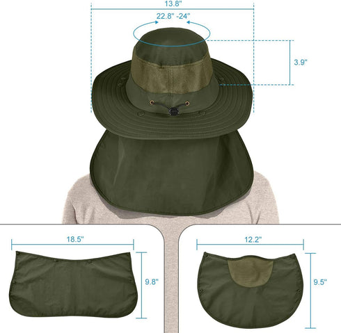 IYEBRAO Mens Outdoor Sun Hat, UV Protection Wide Brim Fishing Hat with Face Neck Flap for Hiking, Gardening