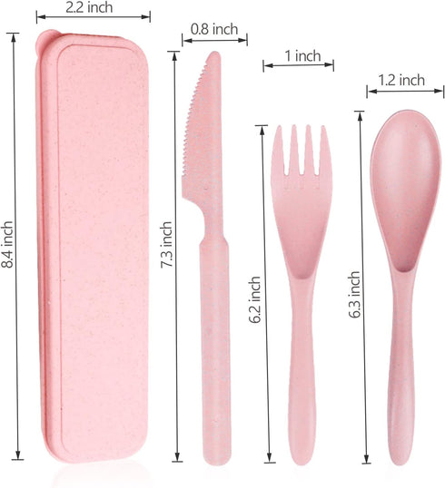 Reusable Travel Utensils Set with Case - Pink Wheat Straw Portable Cutlery for Kids and Adults, Eco-Friendly