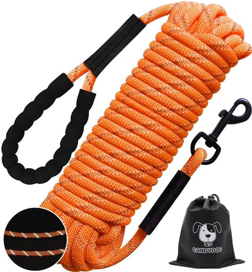 Long Dog Leash 30FT, Reflective Heavy Duty Lead Rope with Soft Padded Handle, Bright Orange for Small to Large Dogs