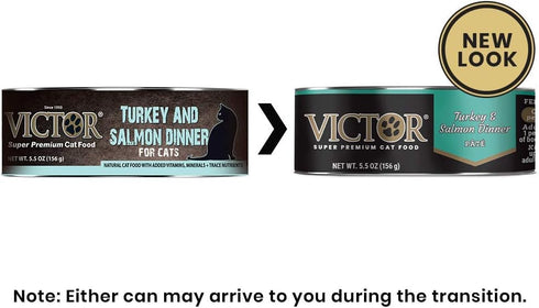 Victor Super Premium Cat Food – Turkey & Salmon Dinner Pâté, Canned Wet Food for Indoor & Outdoor Cats, 24 x 5.5 oz Cans