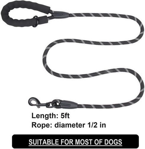Round Rope Dog Leash 5 FT with Comfortable Padded Handle, Highly Reflective Threads for Medium & Large Dogs (Black, 5