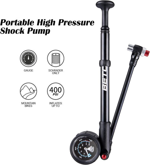 MTB High Pressure Shock Pump - 400 PSI Max for Fork & Rear Suspension with No-Loss Schrader Valve