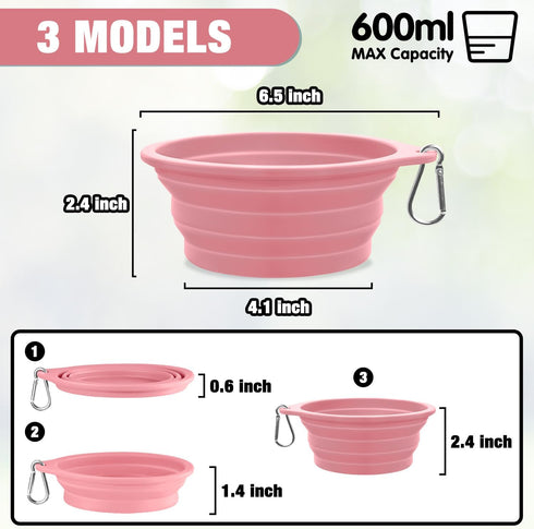 Rest-Eazzzy 2-Pack Silicone Collapsible Dog Bowls, BPA Free Dishwasher Safe, Portable Foldable Travel Bowl, Food Water Feeding Cup Dish for Dogs Cats with 2 Carabiners (Grey, Pink, 600 ML)