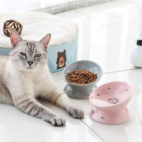 Sweejar Ceramic Raised Cat Bowls - Grey | Slanted Cat Dish for Food or Water, Elevated Porcelain Pet Feeder Bowl