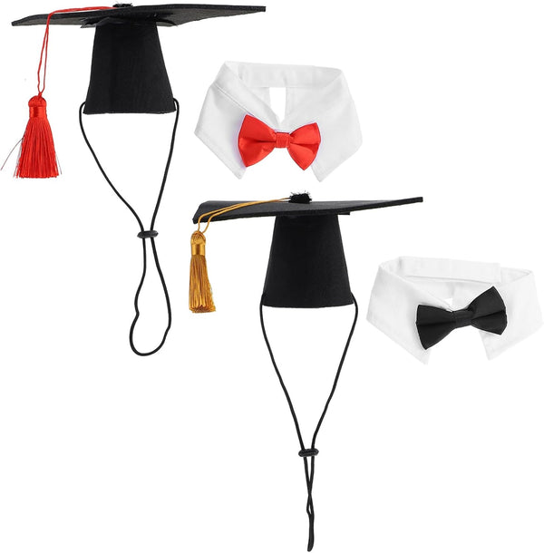 LUOZZY 4 PCS Pet Graduation Caps with Bow Tie, Small Dog Graduation Caps with Red/Gold Tassel, Costume Accessory