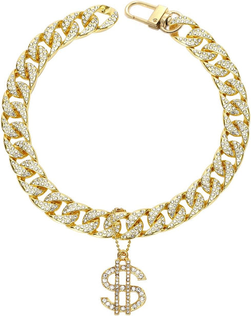 Gold Dog Collar Zircon 14mm Cuban Link Chain, Handmade Iced Out Diamonds Pet Jewelry