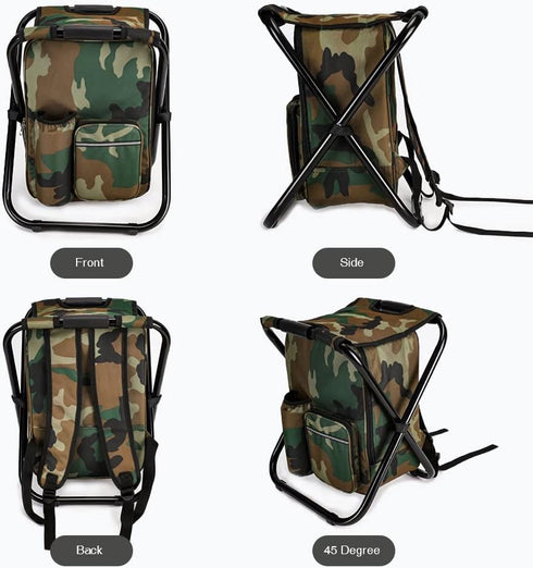YESIACE Backpack Portable Hiking Camouflage Camping Stool, Folding Camping Chair Stool with Cooler Insulated Picnic Bag