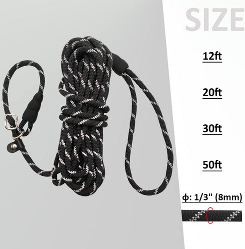 Anti-Choking Reflective Long Slip Lead Dog Leash, 12FT/20FT/30FT/50FT Rope for Medium Dogs Small Puppy Pets, Black