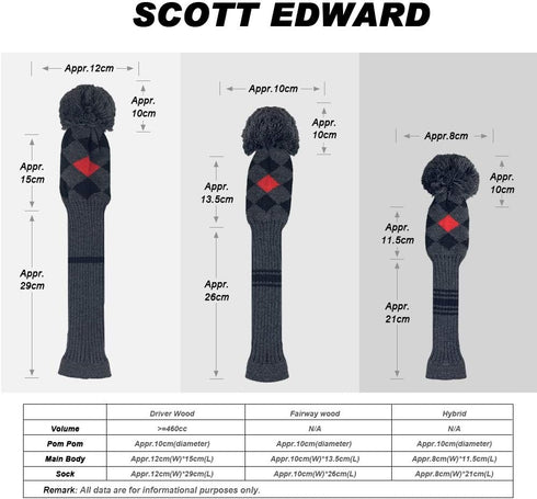 Scott Edward Golf Headcovers for Woods - Set of 3, Fits Driver, Fairway Wood, Hybrid