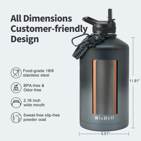 One Gallon Insulated Water Bottle, 128oz Large Sports Stainless Steel Jug with DIY Stickers, Leak-proof Triple Wall