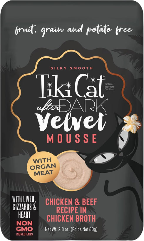 Tiki Cat After Dark Velvet Mousse, Chicken & Beef Recipe in Chicken Broth, Grain & Potato Free, 2.8 oz. Pouch (Pack of