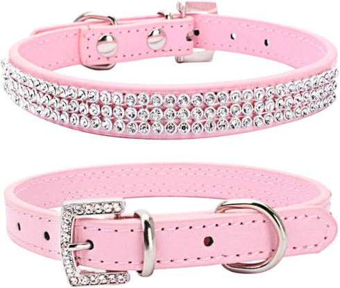 THAIN Basic Adjustable Dog Cat Collar - Bling Rhinestones PU Leather with Shiny Diamonds, XS Pink
