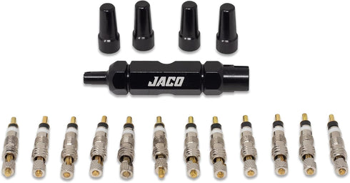 JACO Presta Valve Core Repair Kit for Bike Tires - Includes (12X) Replacement Valve Cores, (4X) Valve Caps & Removal