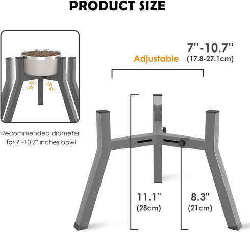 Adjustable Dog Bowl Stand for 7-10.6'' Bowls, Raised Food & Water Bowls, 11'' Tall, Grey (Bowl Not Included)