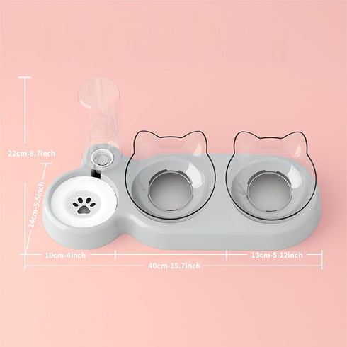 Marchul Raised Three Cat Dishes for Food and Water, Pet Feeding Bowls with Automatic Water Bottle