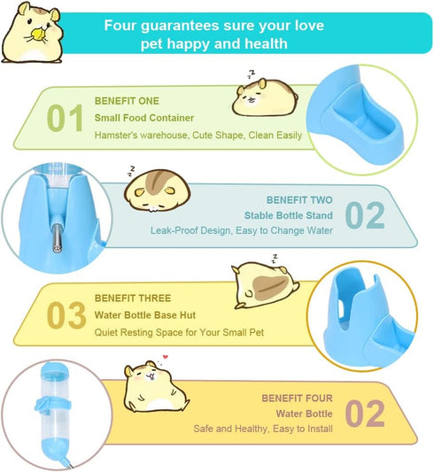 Litewoo Hamster Water Bottle with Food Container Base, Drinking Dispenser for Dwarf Hamster, Blue 80ML