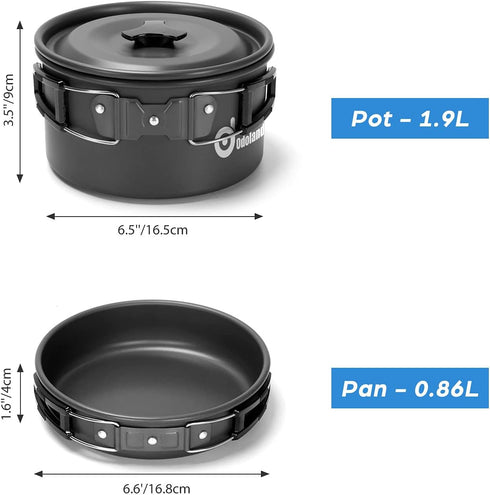 Odoland 15pcs Non-Stick Camping Cookware Mess Kit, Lightweight Pot Pan Kettle Set with Stainless Steel Cups Plates