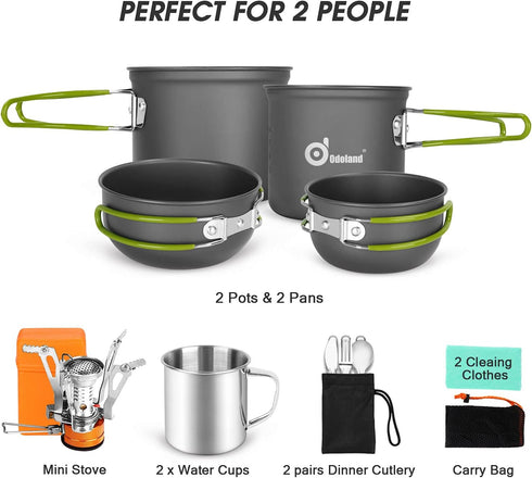 Odoland 16pcs Camping Cookware Mess Kit, Lightweight Pot Pan Mini Stove with 2 Cups, Fork Spoon for Outdoor Camping