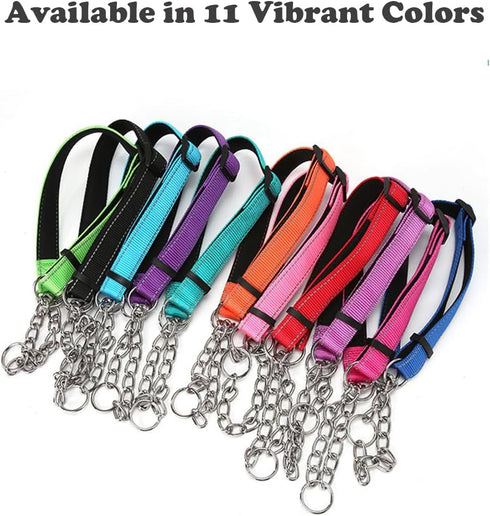 Martingale Dog Collar with Stainless Steel Chain, Adjustable Soft Padded Nylon Reflective Collar for Large Medium Small