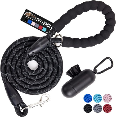 Gorilla Grip Heavy Duty Dog Leash, Strong Reflective Rope, Soft Handle for Night Walking, Black, Durable Puppy Training