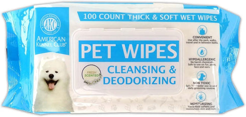 American Kennel Club AKC Dog Wipes - Cleansing & Deodorizing for Face, Ears, Paws, Body, & Butt - Fresh Scented - 100pk