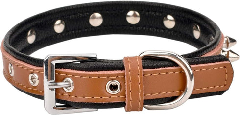 Spiked Studded Padded Leather Pet Collars for Small Medium Large Dogs and Cats (8"-10" Neck, Brown Spiked)