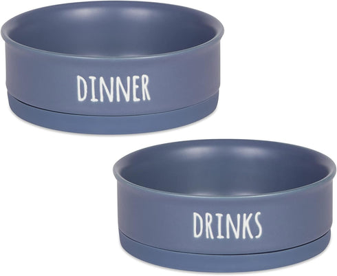 Bone Dry Ceramic Pet Bowls for Dogs & Cats, Dishwasher & Microwave Safe, Non-Slip Bottom, Medium Set, French Blue