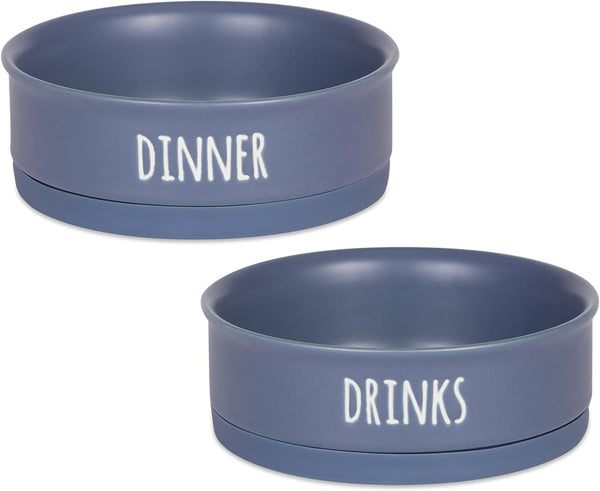 Bone Dry Ceramic Pet Bowls for Dogs & Cats, Dishwasher & Microwave Safe, Non-Slip Bottom, Medium Set, French Blue