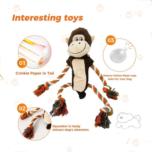 Squeaky Durable Dog Toy for Large Breeds, Tug of War Interactive Toy, Stuffed Plush Monkey with Crinkle Paper