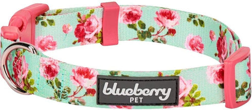 Blueberry Pet Dog Collar - Turquoise Floral Rose Print, Adjustable Small Dog Collar for Neck 12-16"
