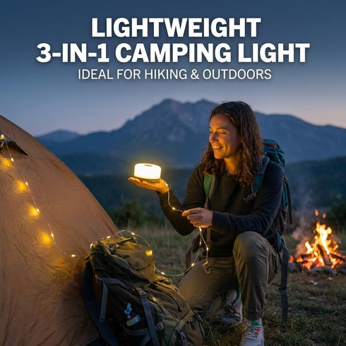 3-in-1 5 1-Hour 26ft Brightz Lantern Reel Light Rechargeable Camping Lantern & Retractable String Lights, Weather