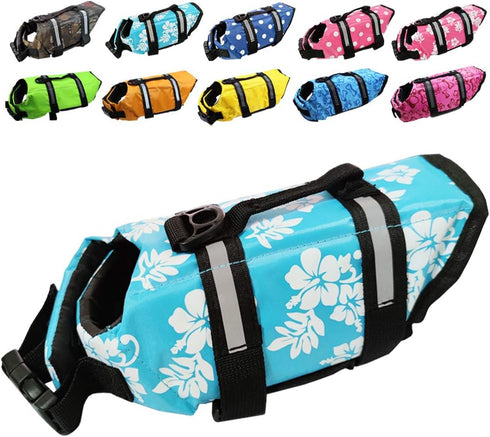 Dog Life Jacket Easy-Fit Adjustable Belt, Pet Swimming Safety Swimsuit with Reflective Stripes (XS, Flowers & Blue)