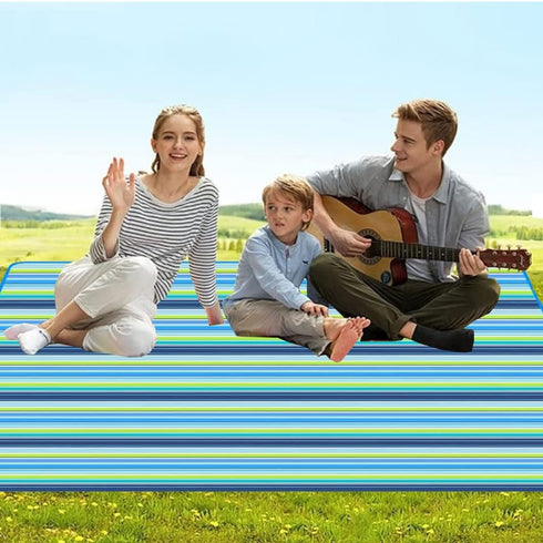 Large Picnic Blanket, Beach Blankets (80X60) Inch, Waterproof Quick Drying Mat for 3-5 Adults (Blue Stripes)