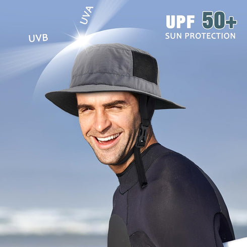 Surf Bucket Hat with UPF 50+ UV Protection, Waterproof Sun Hat with Adjustable Chin Strap for Water Sports