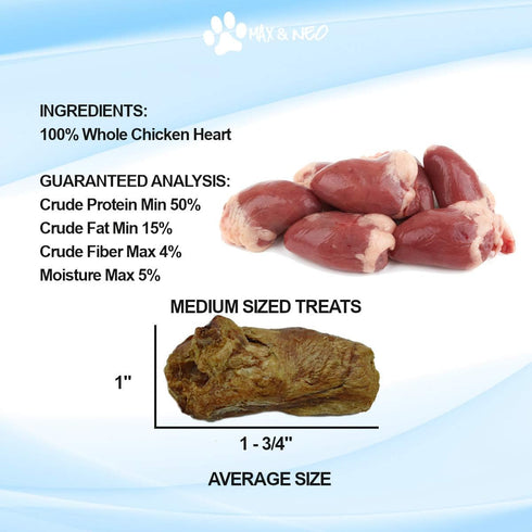 Max and Neo Freeze Dried Chicken Heart Treats, Single Ingredient, Pasture Raised, Antibiotic Free, Human Grade Chicken,