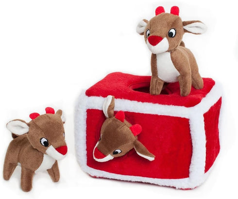 ZippyPaws Holiday Burrow Interactive Dog Toy, Reindeer Pen Plush Puzzle for Small & Medium Dogs