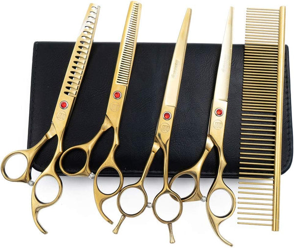 Professional Dog Grooming Scissors Set, 7 Inch/8 Inch Chunkers, Curved Shears, Thinning Shears with Comb